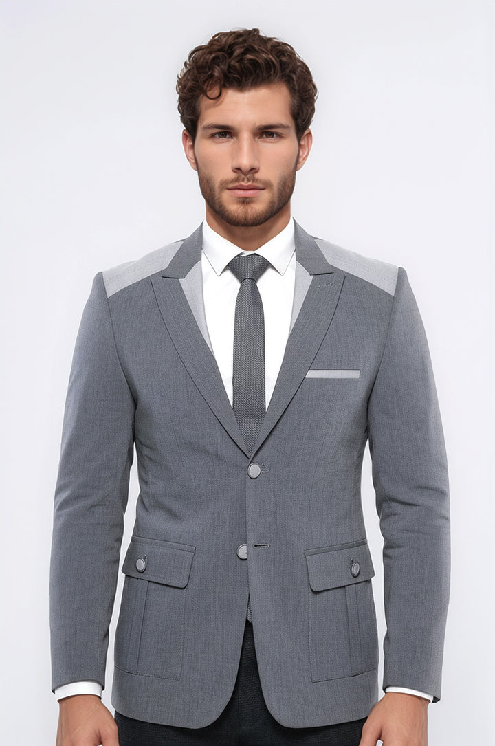 Çift Düğmeli Cepli Sivri Yaka Gri Erkek Ceket - Wessi