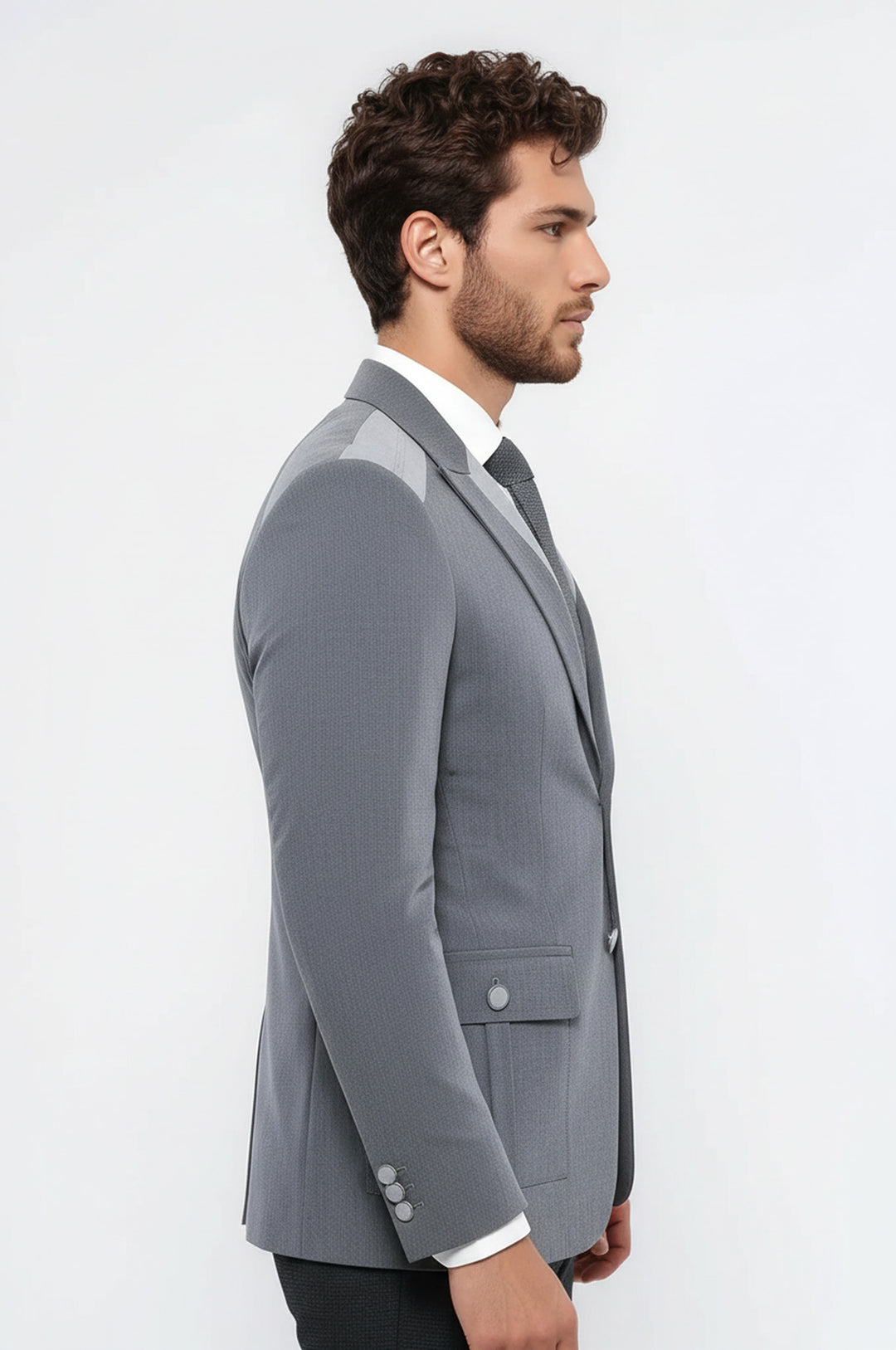 Çift Düğmeli Cepli Sivri Yaka Gri Erkek Ceket - Wessi