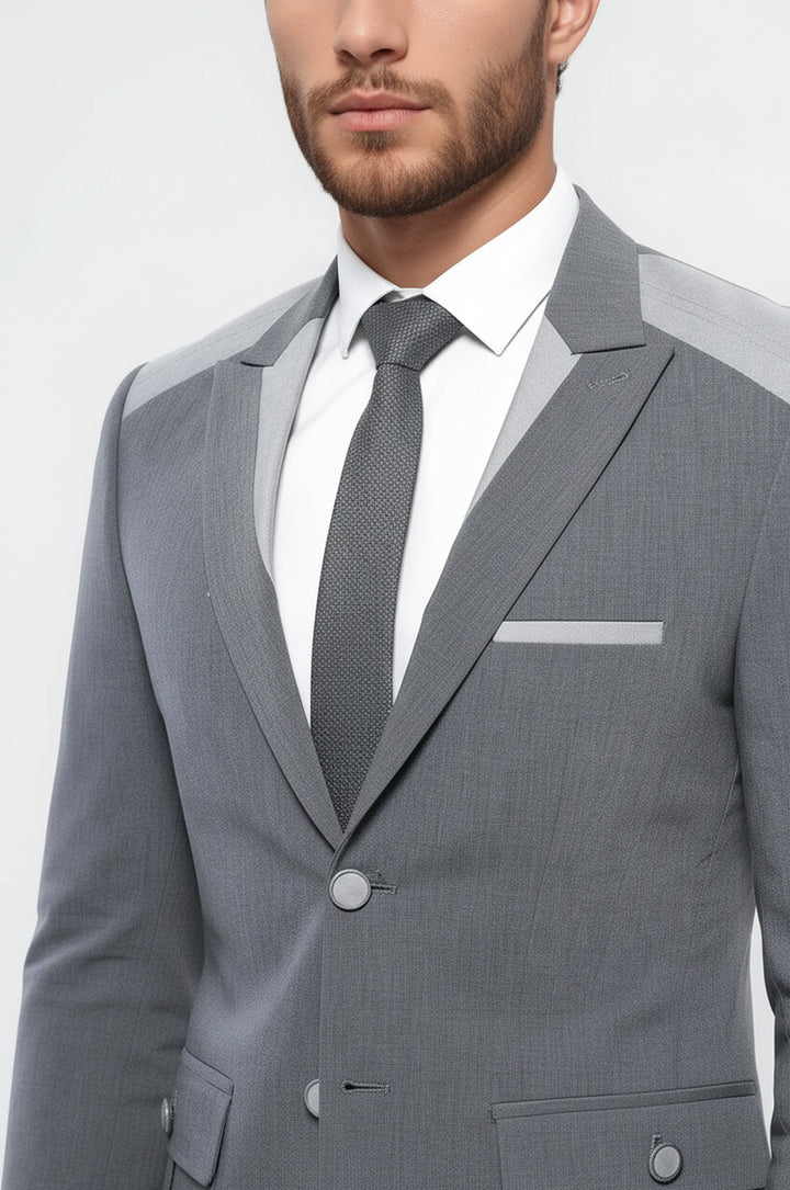 Çift Düğmeli Cepli Sivri Yaka Gri Erkek Ceket - Wessi