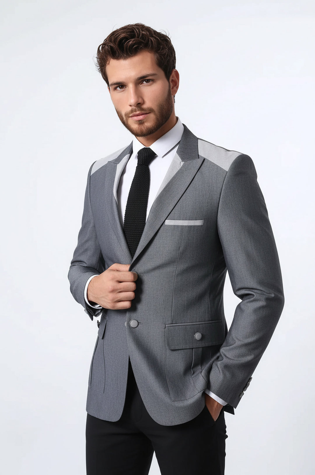 Çift Düğmeli Cepli Sivri Yaka Antrasit Erkek Ceket - Wessi