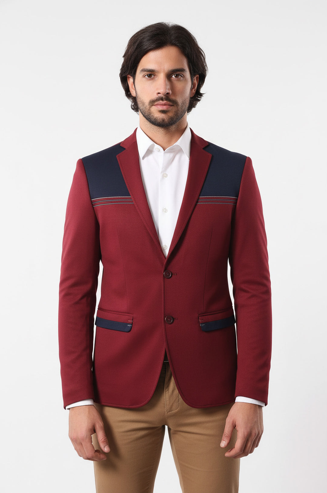 Yakaları Nakışlı Penye Bordo Erkek Ceket - Wessi