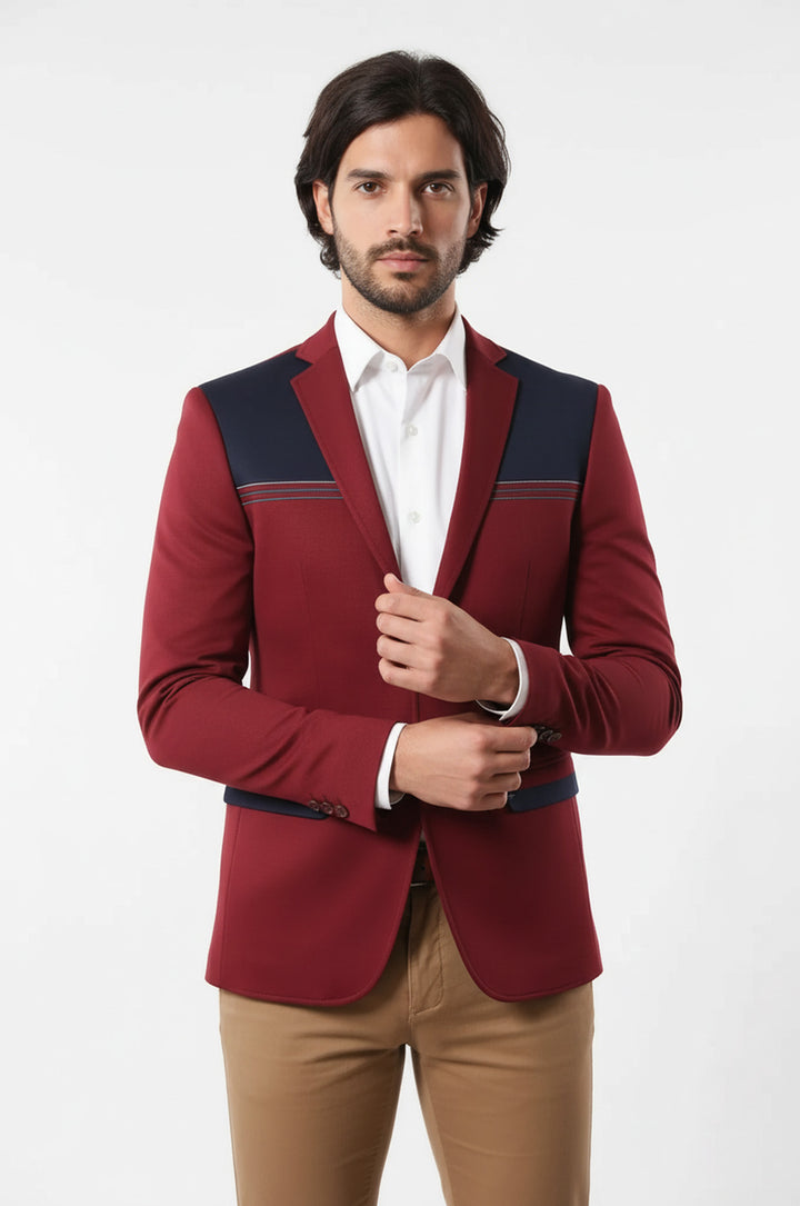 Yakaları Nakışlı Penye Bordo Erkek Ceket - Wessi