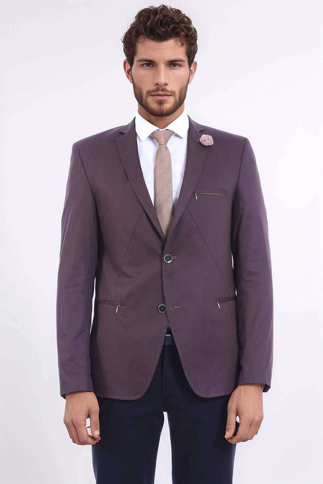 2 Düğmeli Cepleri Fermuarlı Erkek Kahverengi Ceket - Wessi