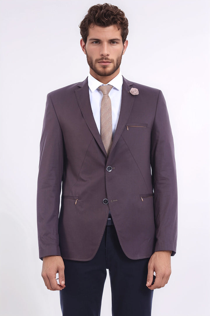 2 Düğmeli Cepleri Fermuarlı Erkek Kahverengi Ceket - Wessi