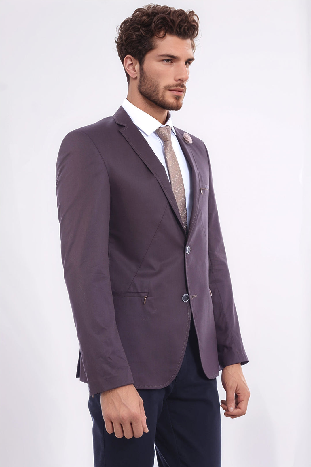 2 Düğmeli Cepleri Fermuarlı Erkek Kahverengi Ceket - Wessi