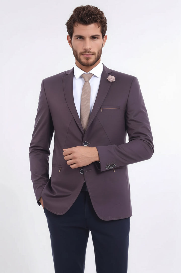 2 Düğmeli Cepleri Fermuarlı Erkek Kahverengi Ceket - Wessi