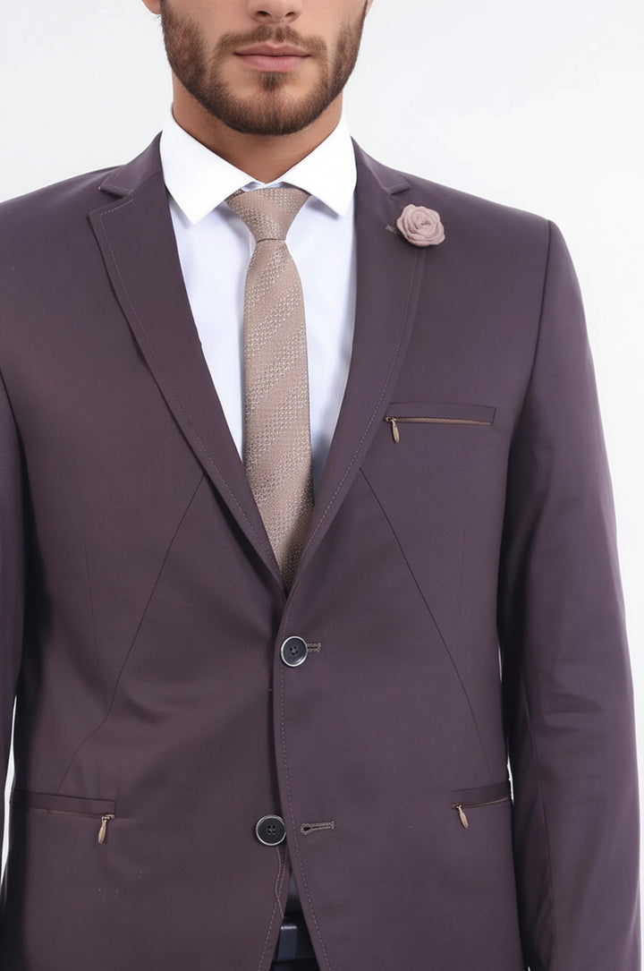 2 Düğmeli Cepleri Fermuarlı Erkek Kahverengi Ceket - Wessi