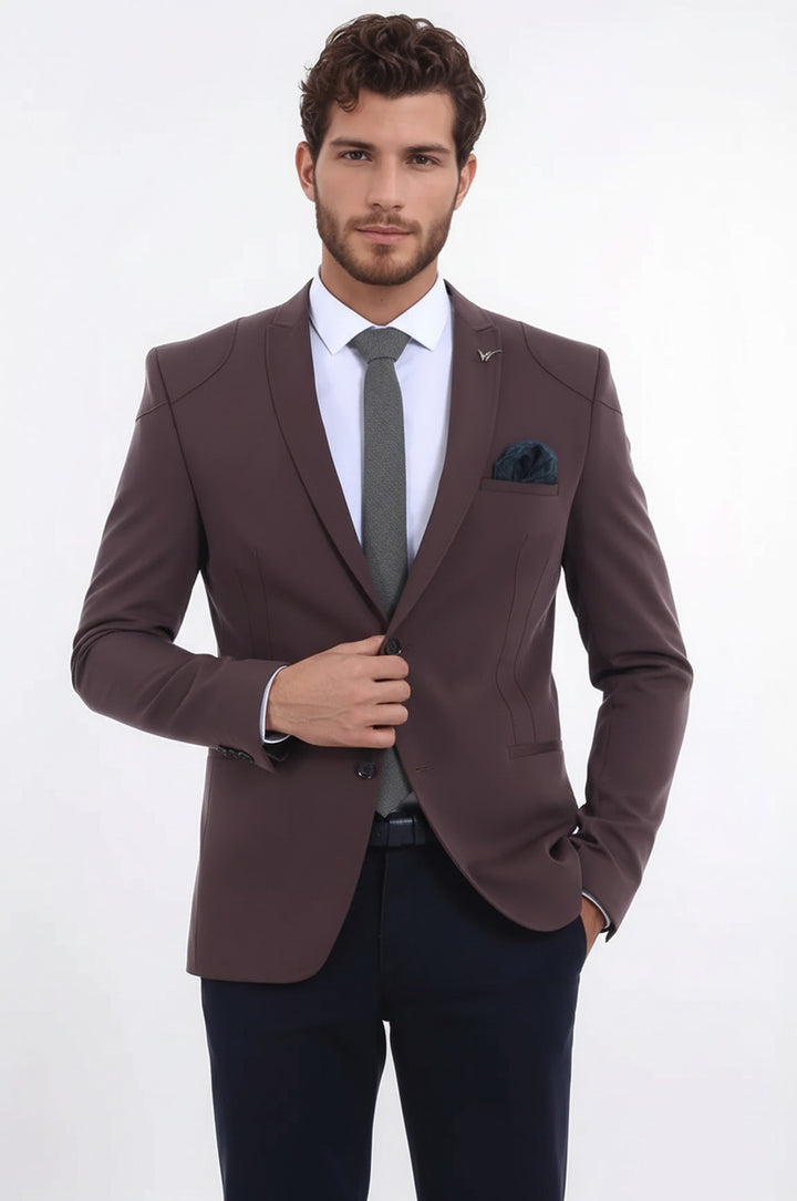 2 Düğmeli Omuzları Nakışlı Pamuk Erkek Kahverengi Ceket -Wessi