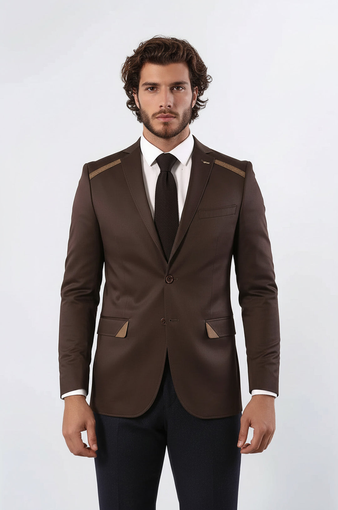 Çift Düğmeli Mono Yaka Omuz Detay Kahverengi Ceket - Wessi