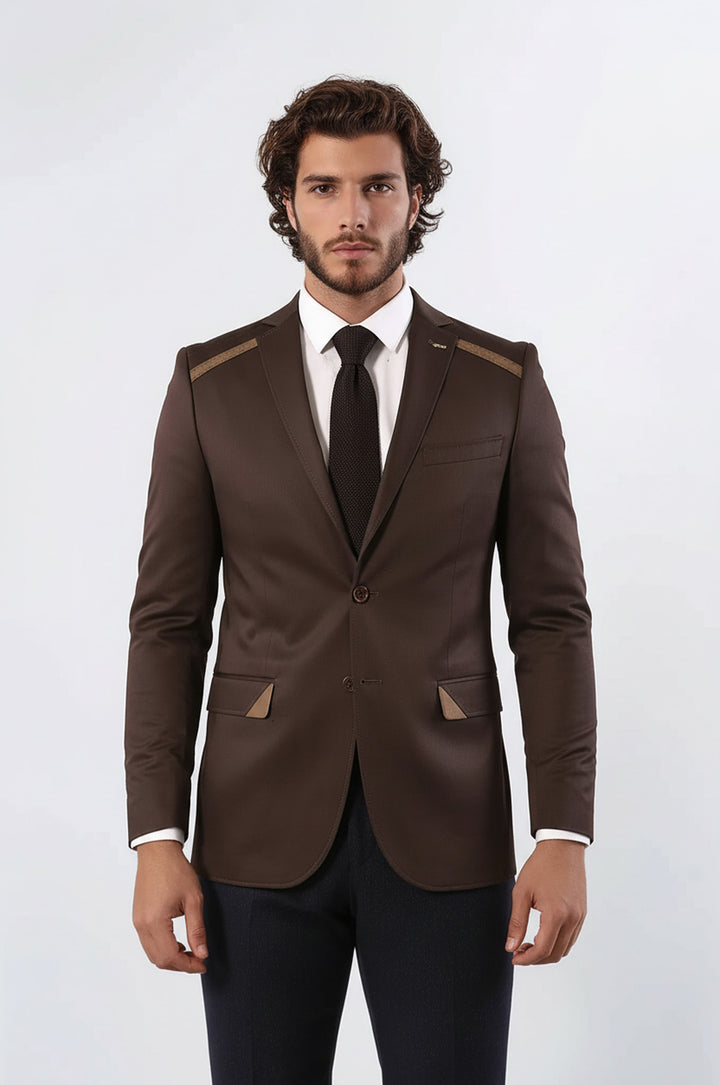 Çift Düğmeli Mono Yaka Omuz Detay Kahverengi Ceket - Wessi