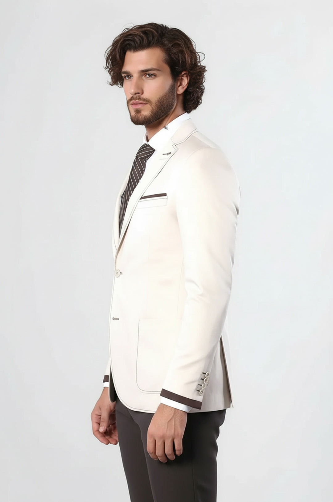 Çift Düğmeli Cepli Krem Erkek Ceket -Wessi