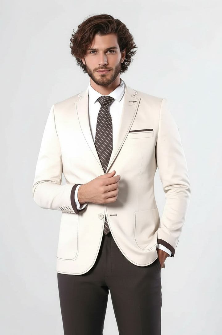 Çift Düğmeli Cepli Krem Erkek Ceket -Wessi