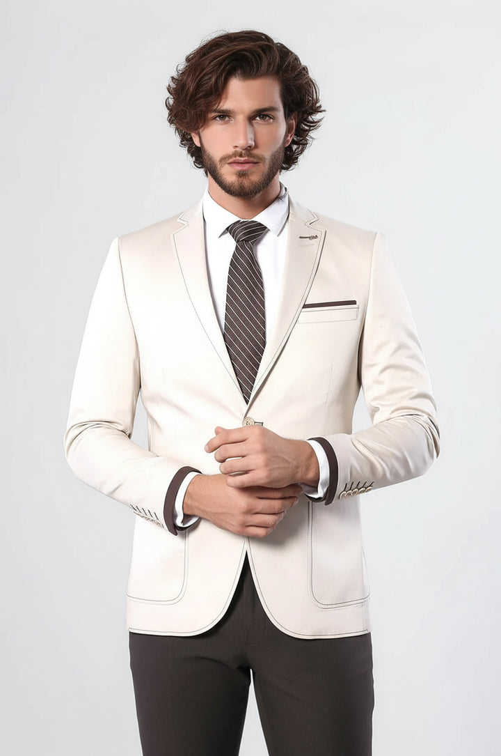 Çift Düğmeli Cepli Krem Erkek Ceket -Wessi