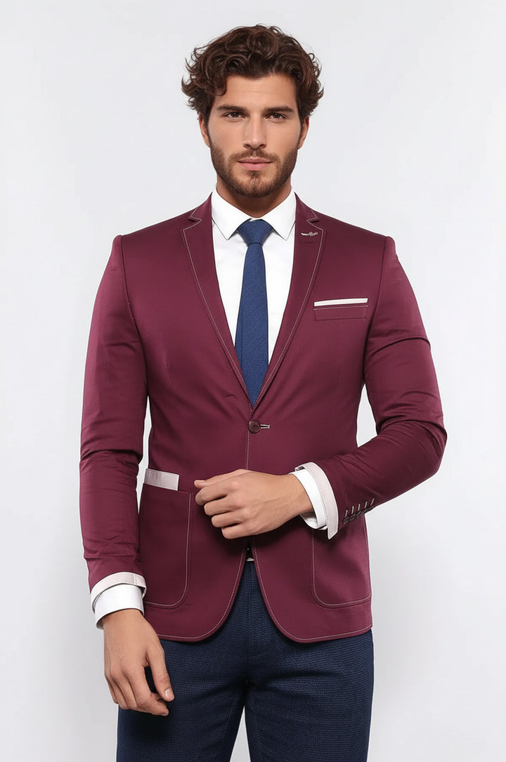 Çift Düğmeli Cepli Bordo Erkek Ceket -Wessi