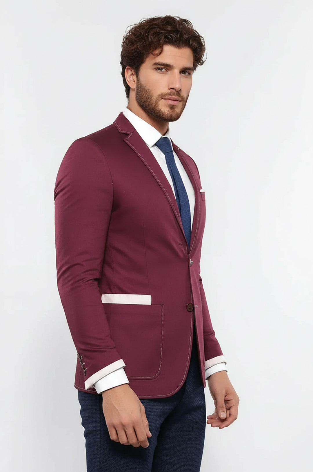 Çift Düğmeli Cepli Bordo Erkek Ceket -Wessi