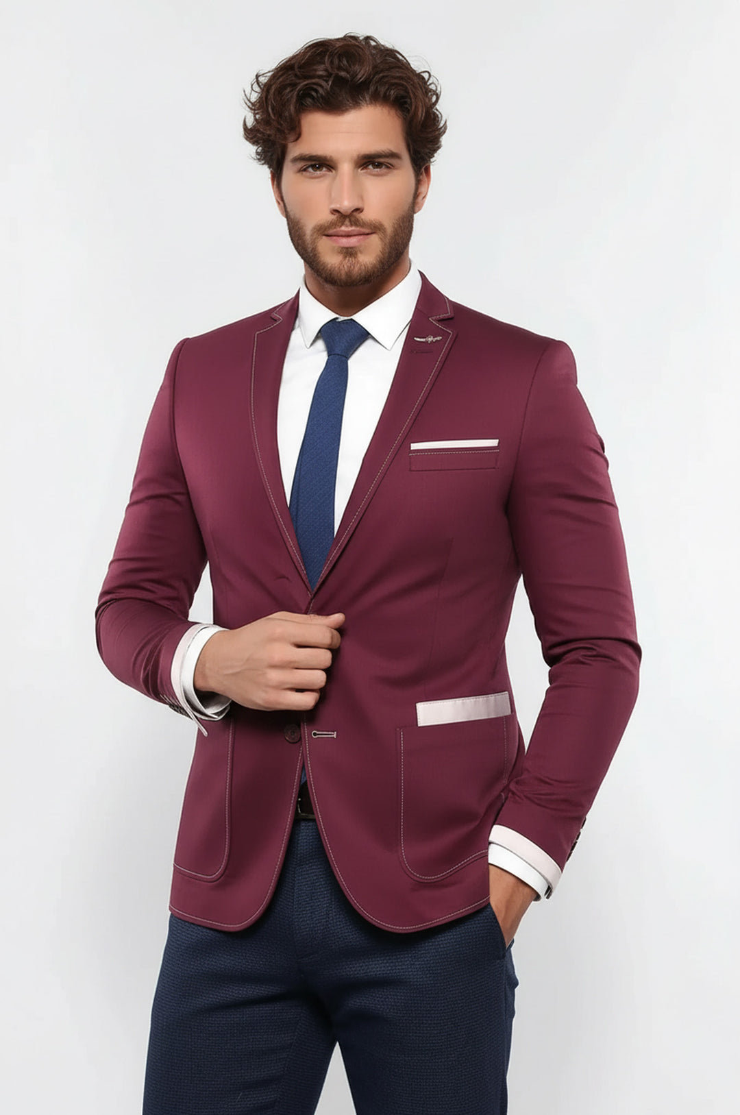 Çift Düğmeli Cepli Bordo Erkek Ceket -Wessi