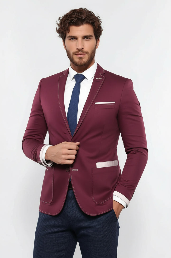 Çift Düğmeli Cepli Bordo Erkek Ceket -Wessi