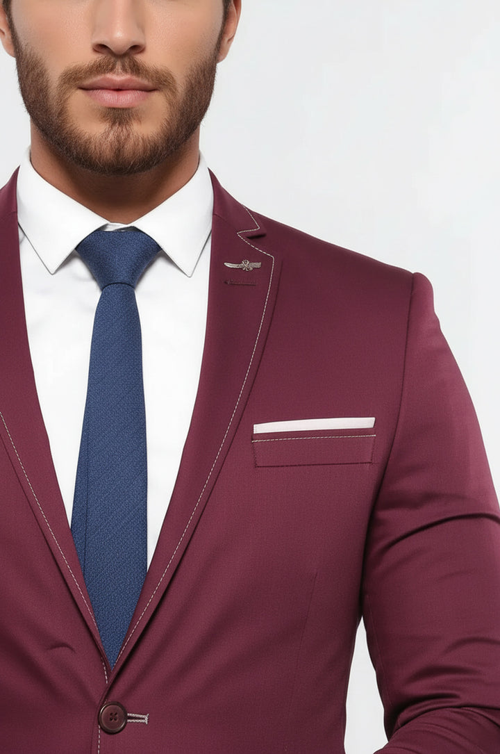 Çift Düğmeli Cepli Bordo Erkek Ceket -Wessi