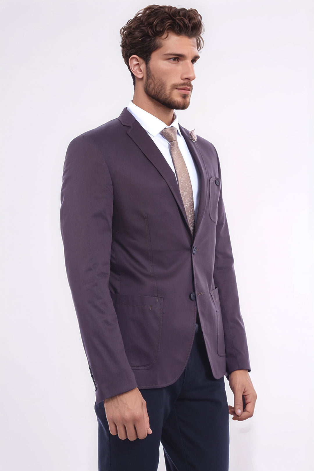 Çift Düğmeli Mono Yaka Cepli Kahverengi Erkek Ceket - Wessi