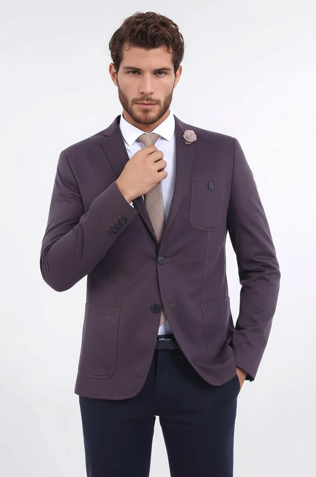 Çift Düğmeli Mono Yaka Cepli Kahverengi Erkek Ceket - Wessi