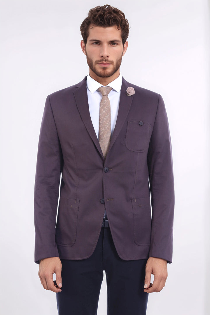 Çift Düğmeli Mono Yaka Cepli Kahverengi Erkek Ceket - Wessi