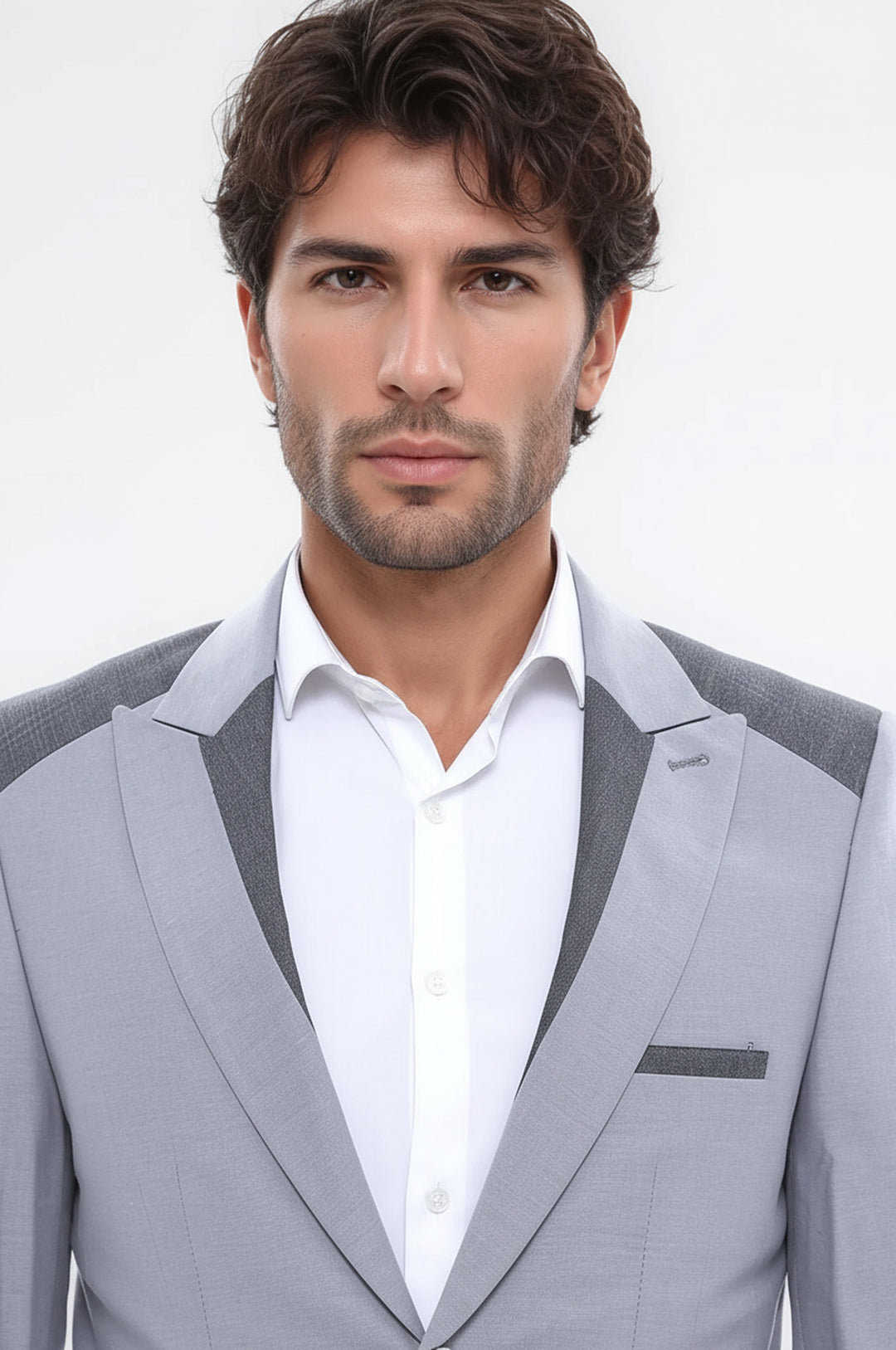 Çift Düğmeli Cepli Omuz Detaylı Gri Erkek Ceket - Wessi