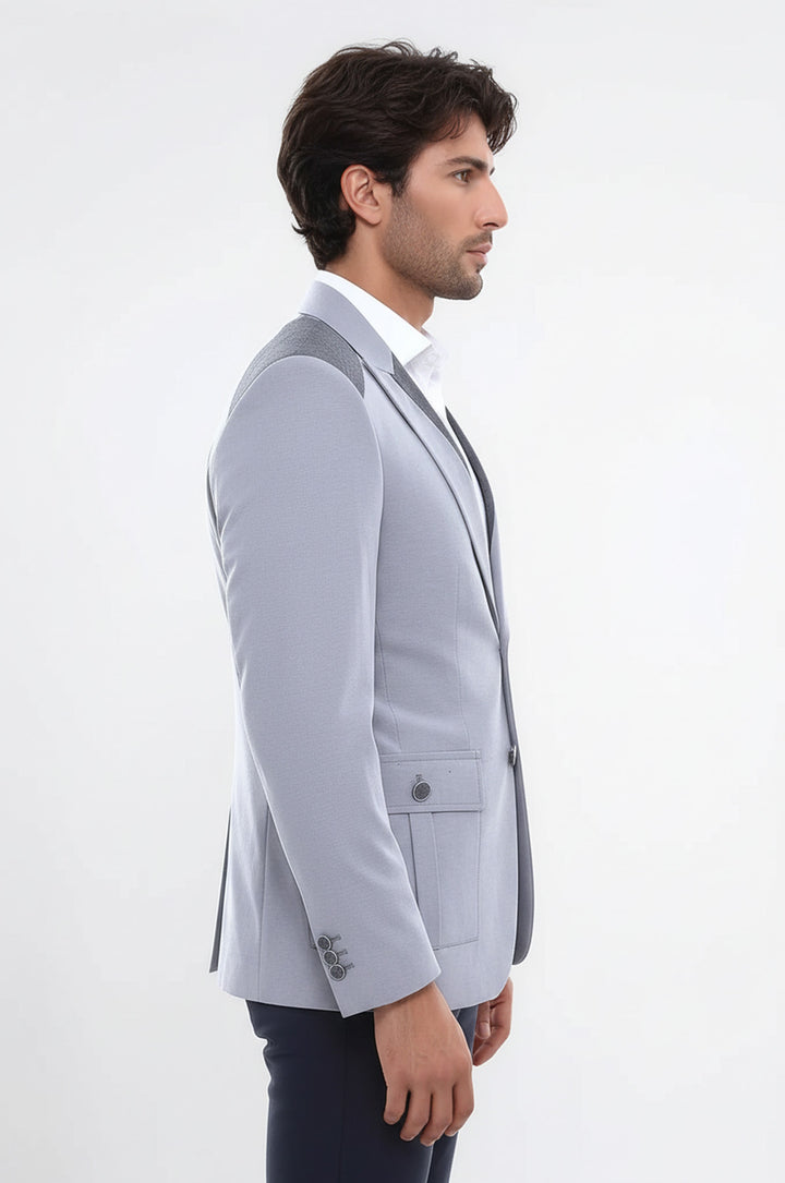 Çift Düğmeli Cepli Omuz Detaylı Gri Erkek Ceket - Wessi