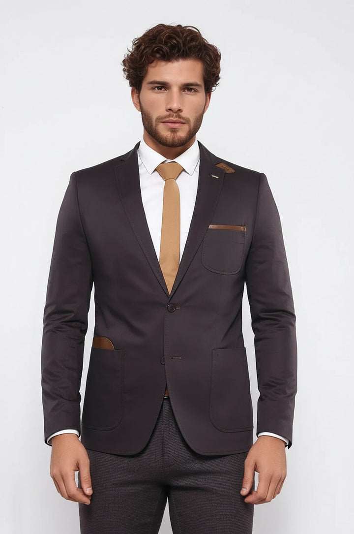 Çift Düğmeli Mono Yaka Cepli Kahve Ceket - Wessi