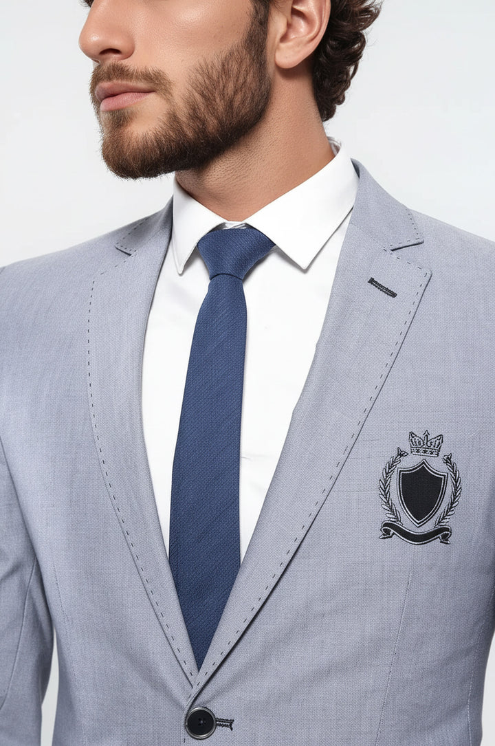 Çift Düğmeli Mono Yaka Armalı Açık Gri Ceket -Wessi