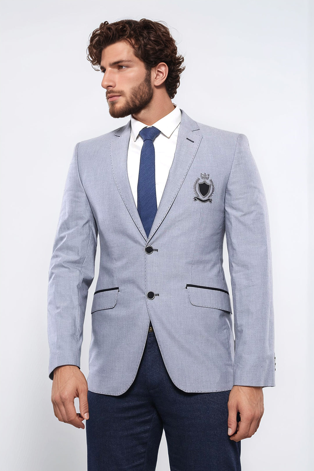 Çift Düğmeli Mono Yaka Armalı Açık Gri Ceket -Wessi