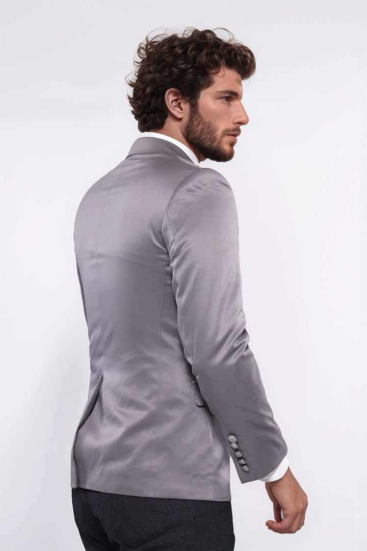 Çift Düğmeli Mono Yaka Armalı Füme Gri Ceket -Wessi