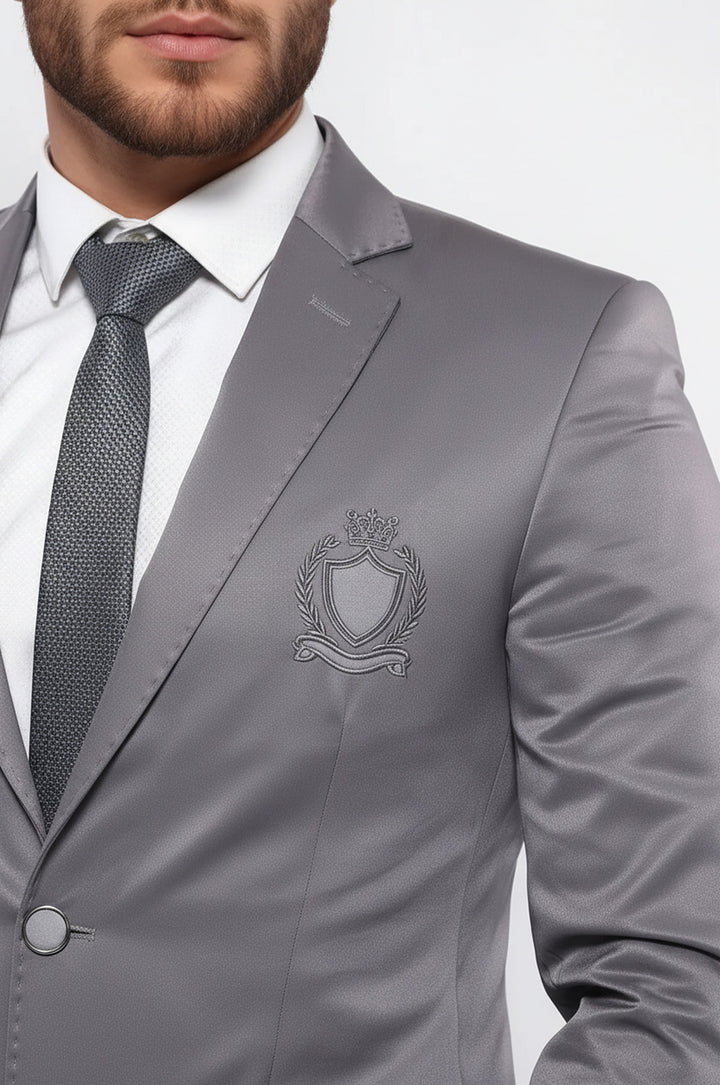 Çift Düğmeli Mono Yaka Armalı Füme Gri Ceket -Wessi