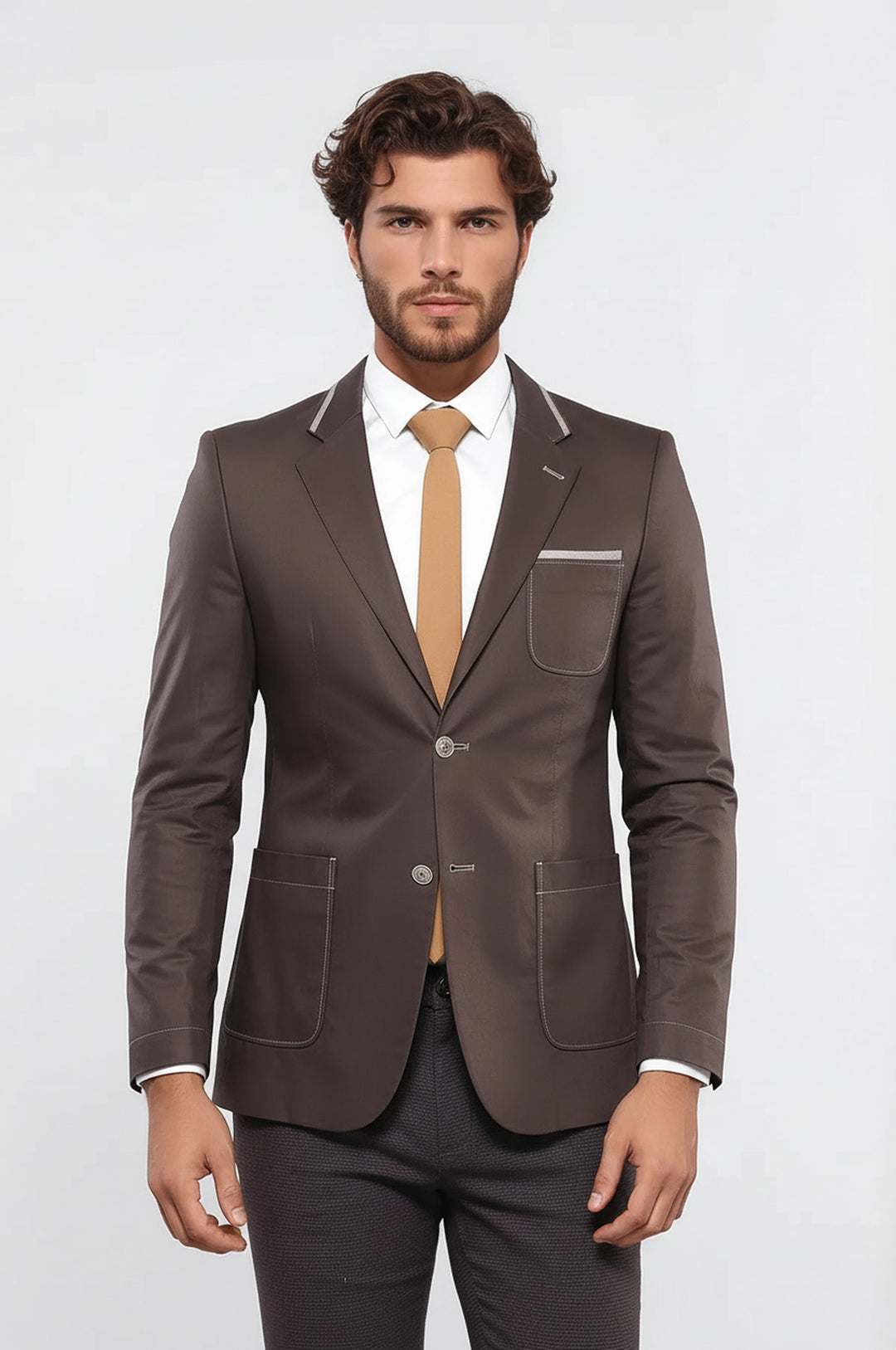 Çift Düğmeli Cepli Erkek Kahverengi Ceket- Wessi