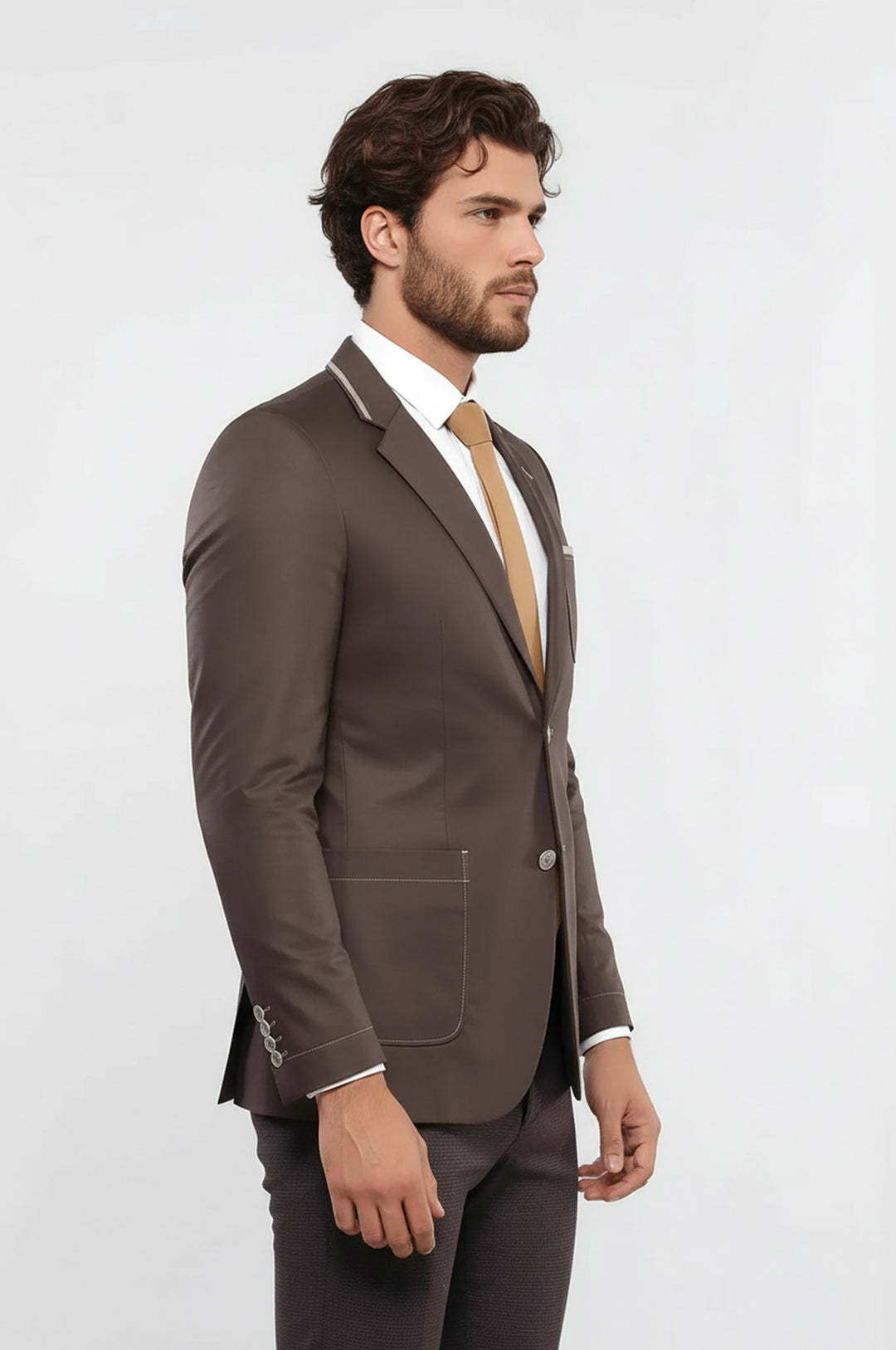Çift Düğmeli Cepli Erkek Kahverengi Ceket- Wessi