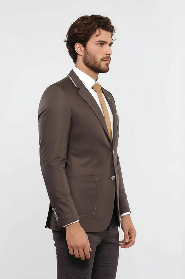 Çift Düğmeli Cepli Erkek Kahverengi Ceket- Wessi