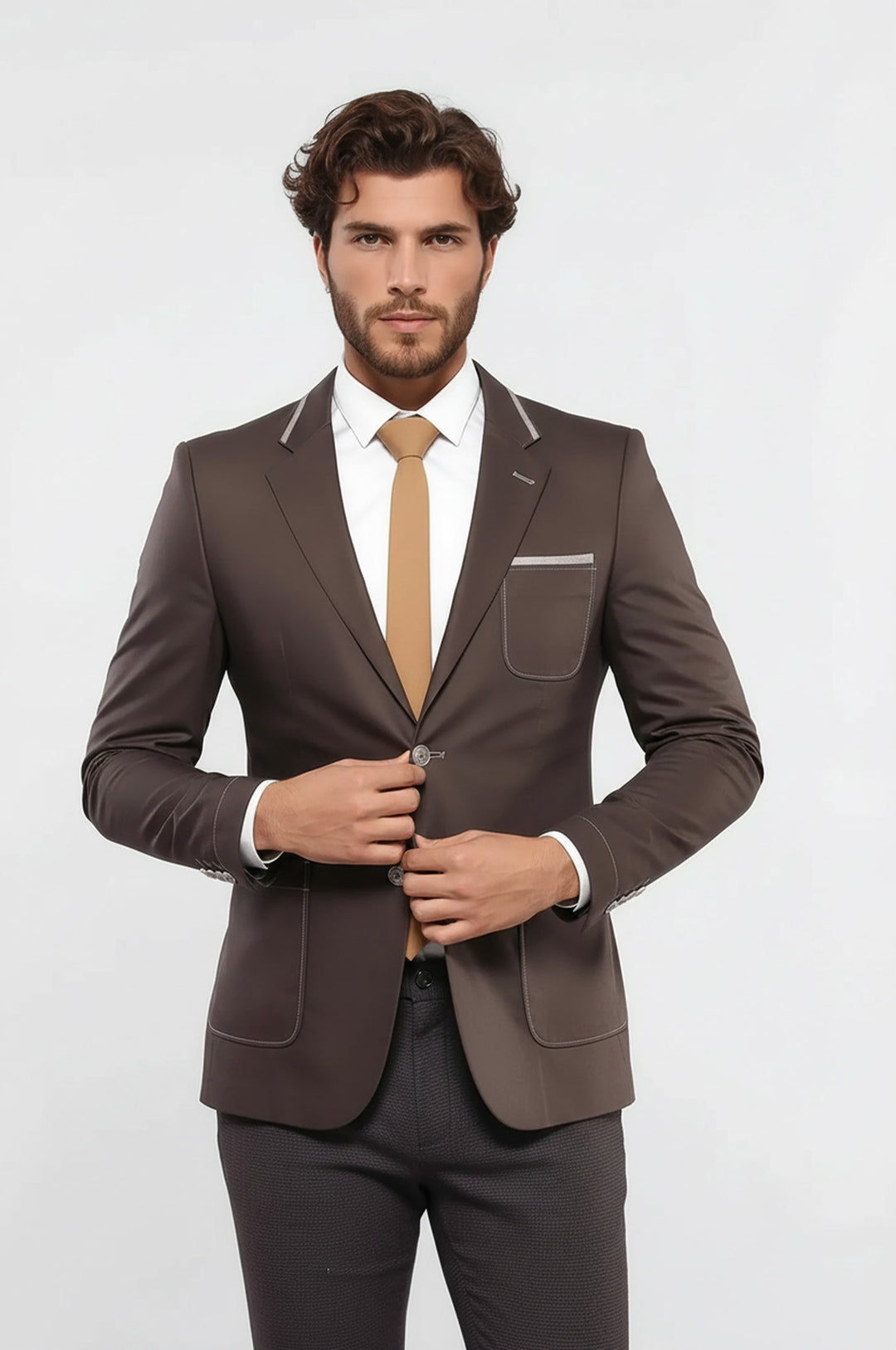 Çift Düğmeli Cepli Erkek Kahverengi Ceket- Wessi