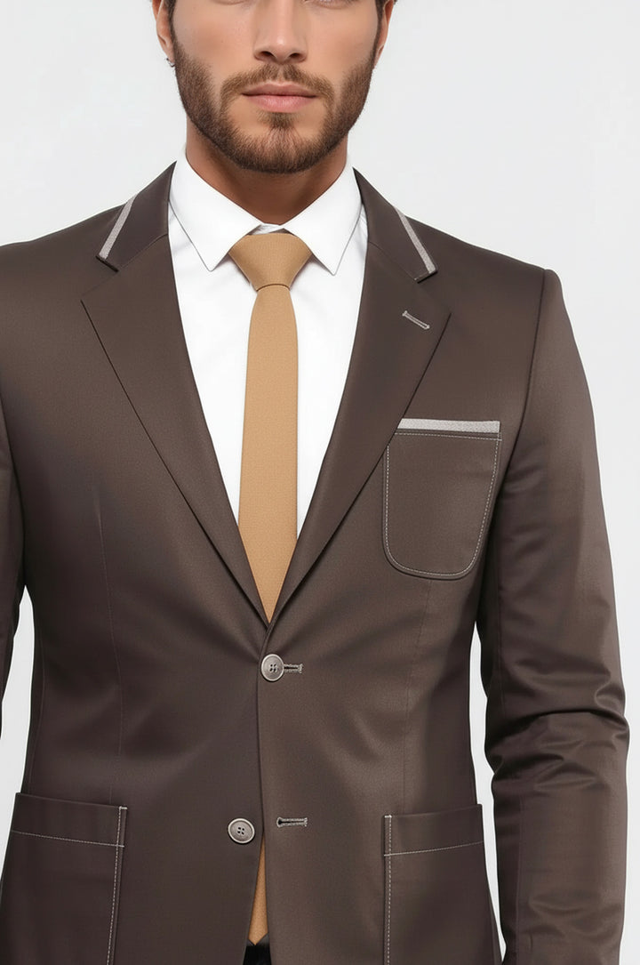 Çift Düğmeli Cepli Erkek Kahverengi Ceket- Wessi
