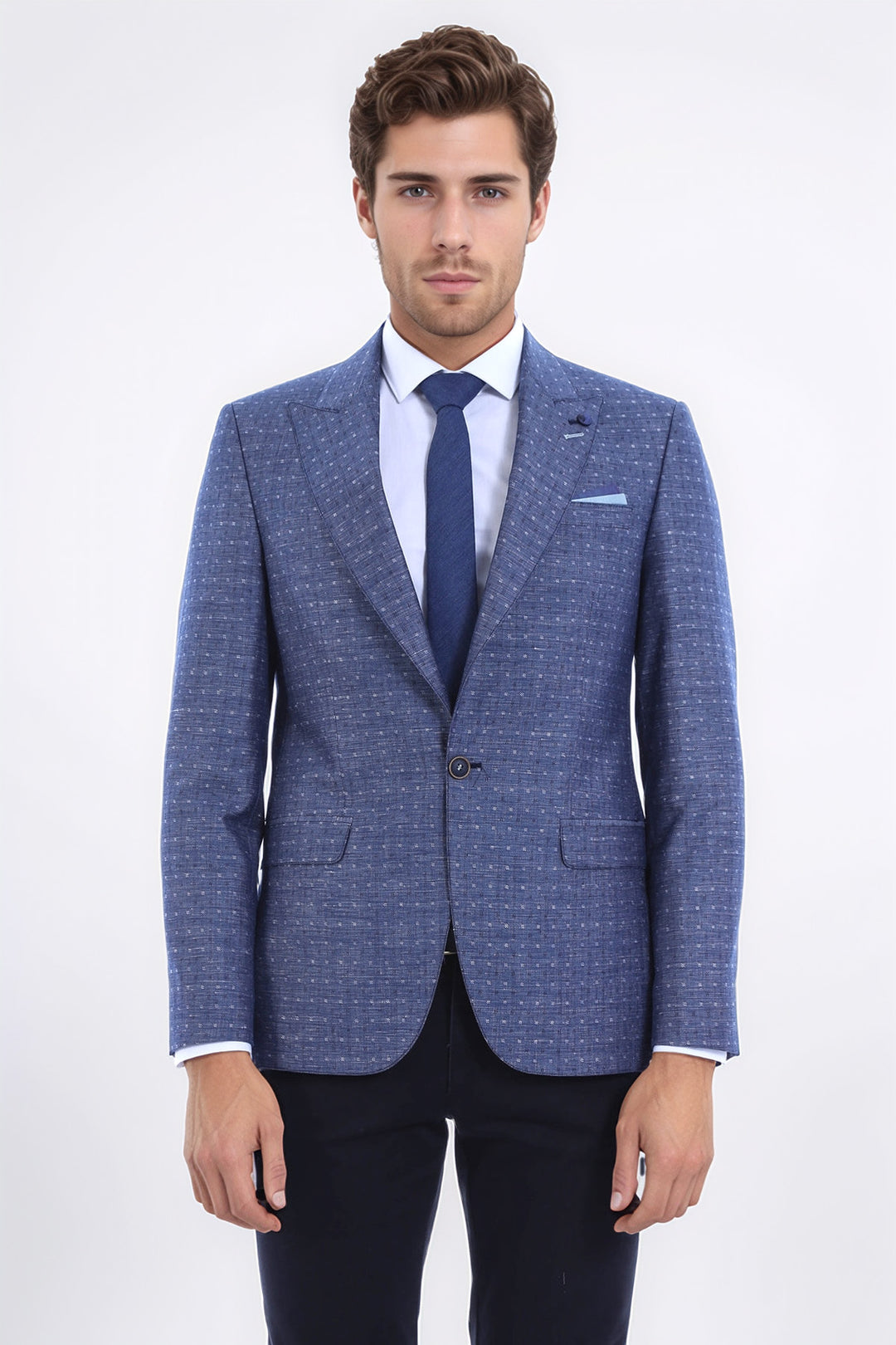 Mavi Keten Puantiye Desenli Ceket  | Wessi