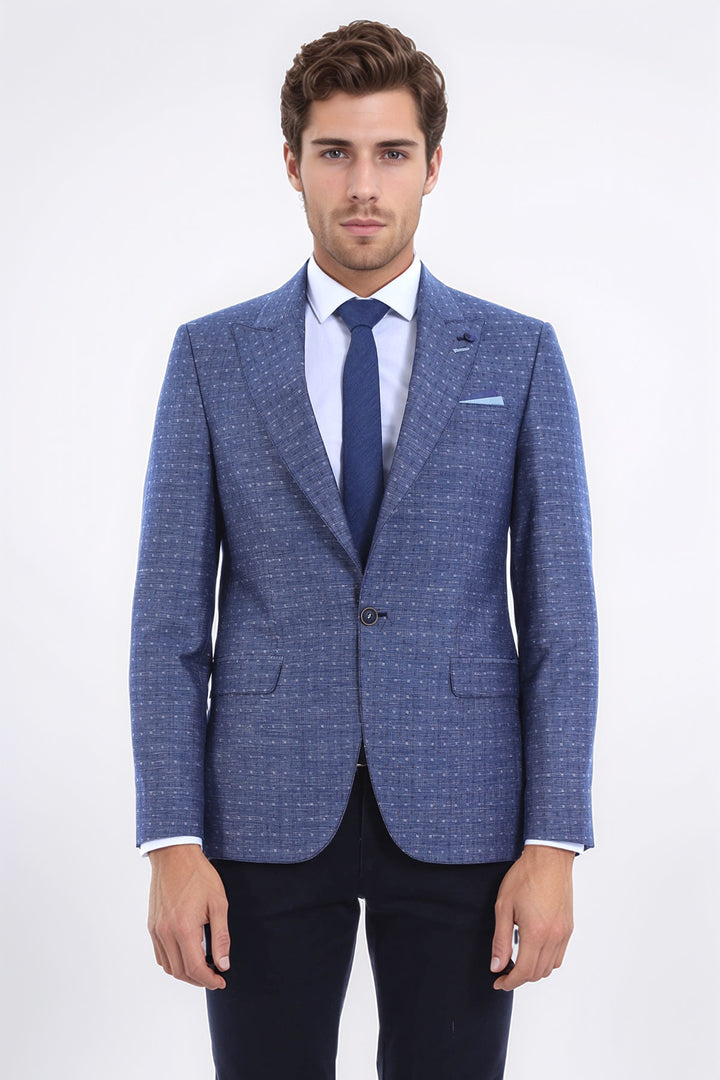 Mavi Keten Puantiye Desenli Ceket  | Wessi