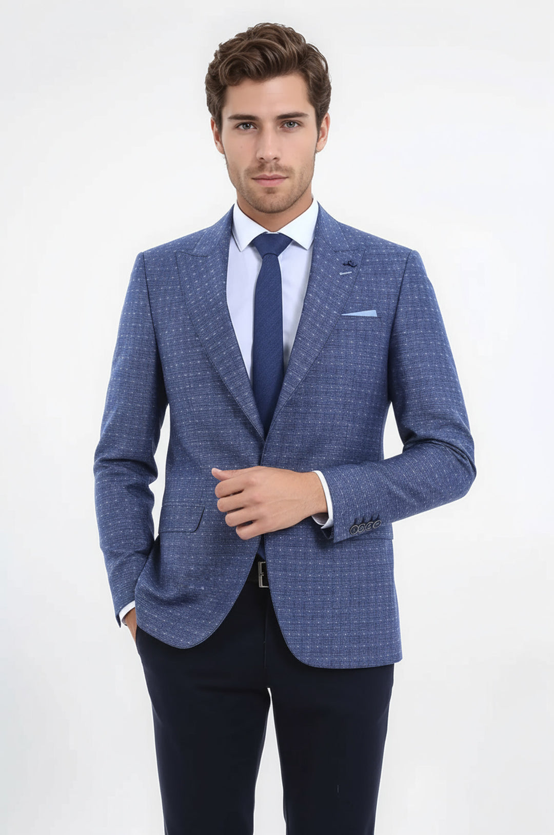 Mavi Keten Puantiye Desenli Ceket  | Wessi