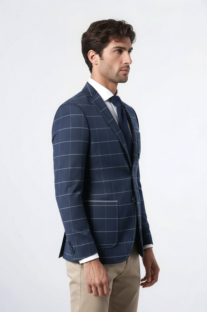 2 Düğmeli Ekose Slim Fit Lacivert Ceket | Wessi