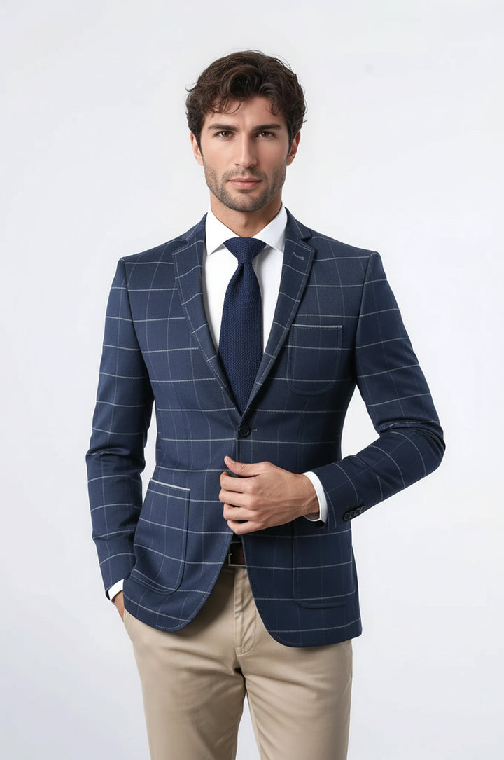 2 Düğmeli Ekose Slim Fit Lacivert Ceket | Wessi