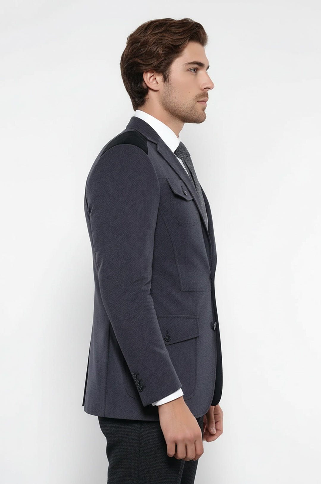 2 Düğmeli Cepli Kadife Antrasit Ceket -Wessi