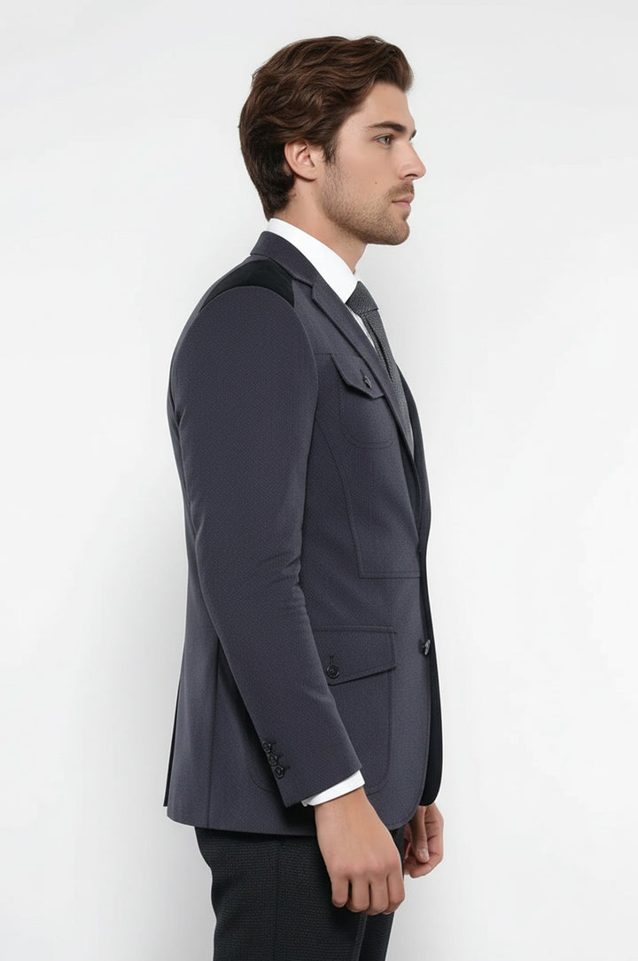 2 Düğmeli Cepli Kadife Antrasit Ceket -Wessi