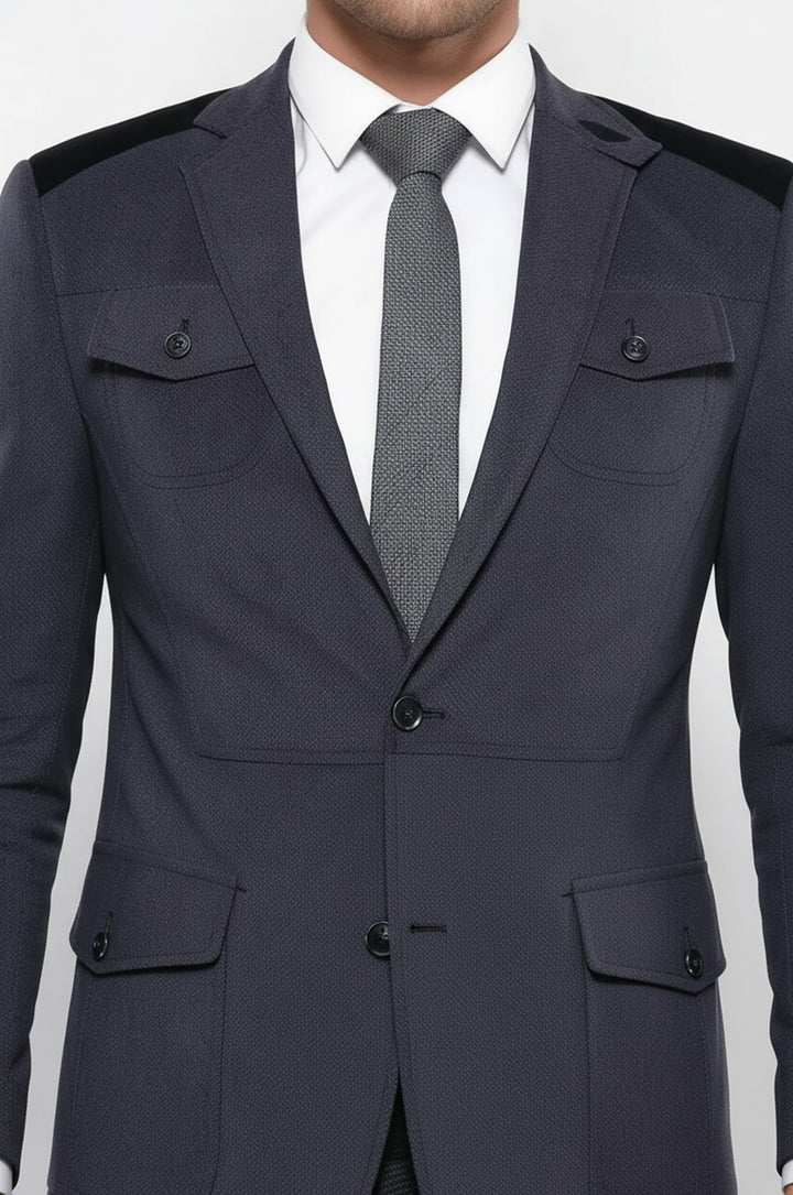 2 Düğmeli Cepli Kadife Antrasit Ceket -Wessi