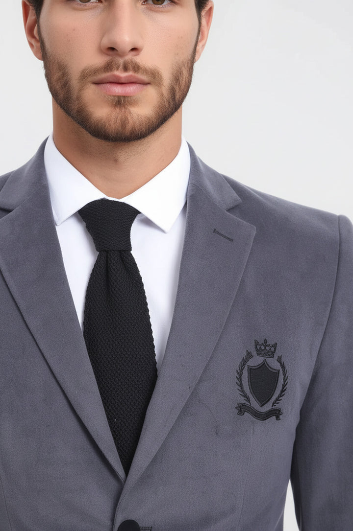 Kapaklı Cepli Armalı Kadife Füme Gri Erkek Ceket - Wessi