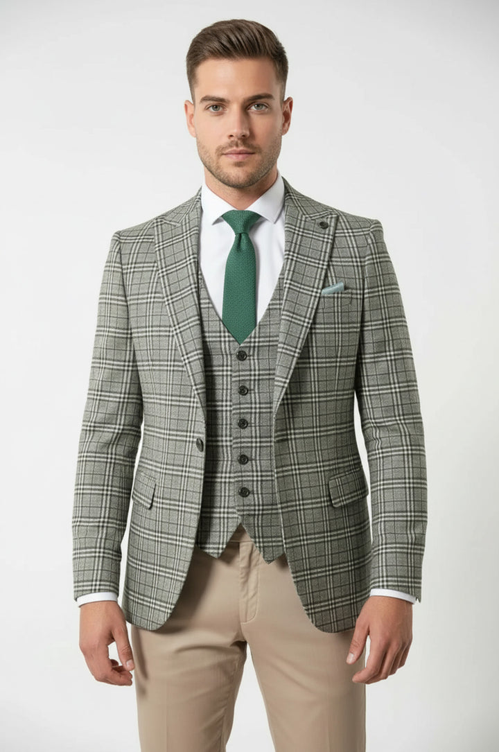 Ekose Haki Ceket Yelek Set - Wessi