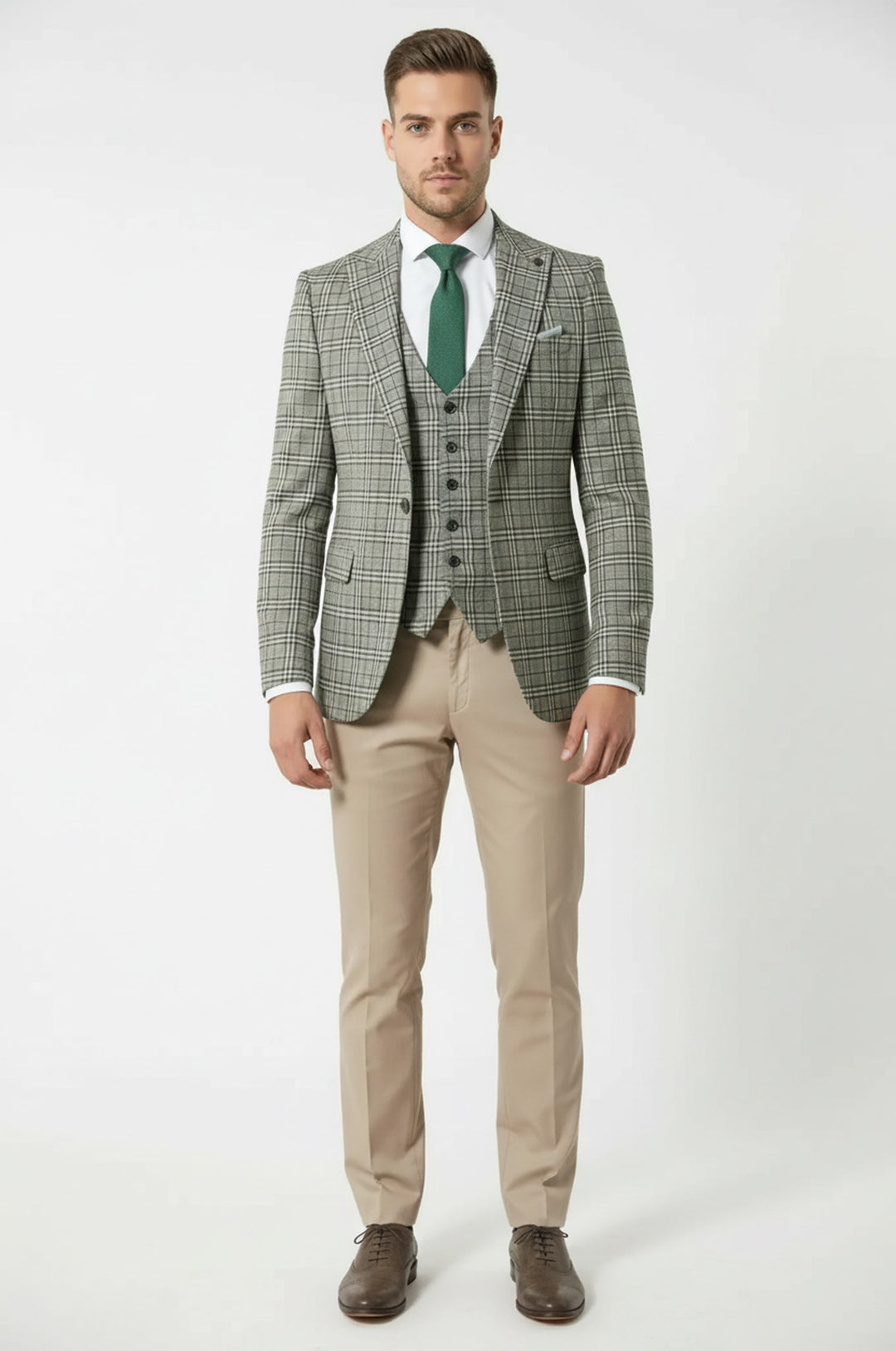 Ekose Haki Ceket Yelek Set - Wessi