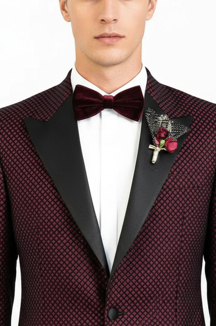 Siyah Desenli Simli Bordo Erkek Smokin Ceket - Wessi