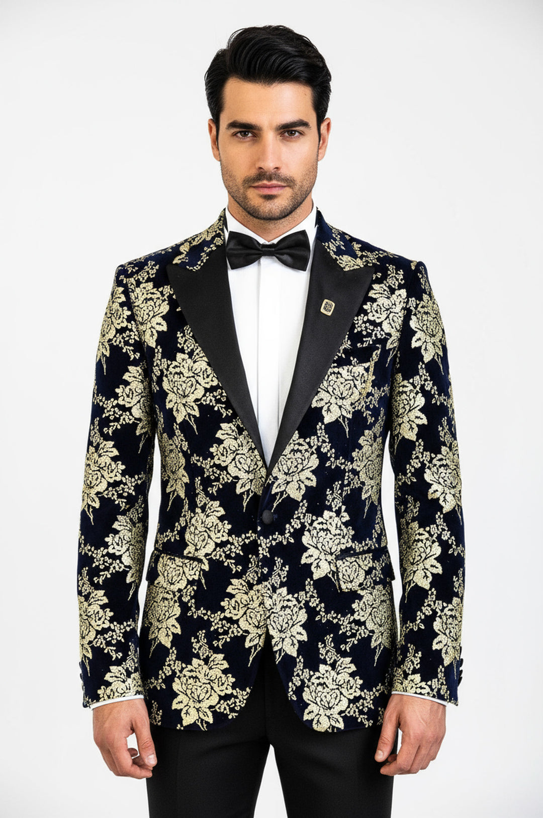 Gold Çiçek Desenli Lacivert Erkek Smokin Ceket - Wessi